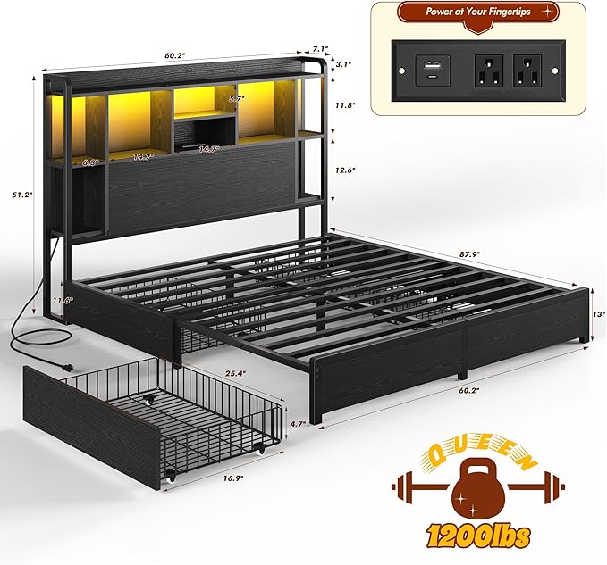Queen Bed Frame with Storage Headboard & 4 Large Drawers Bed Frame Queen Size with 51" Tall Headboard 9 Compartments Led Lights & Charging Station,No Box Spring Needed, No Noise,Black