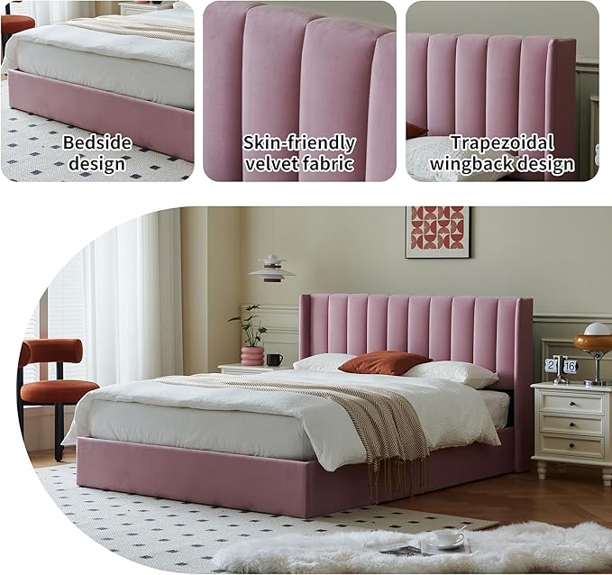YUHUASHI Queen Size Hydraulic Storage Bed, Upholstered Platform Bed Frame, Modern Wingback Design Headboard, Velvet Fabric with Hydraulic Support Bars, No Box Spring Required (Pink, Queen)