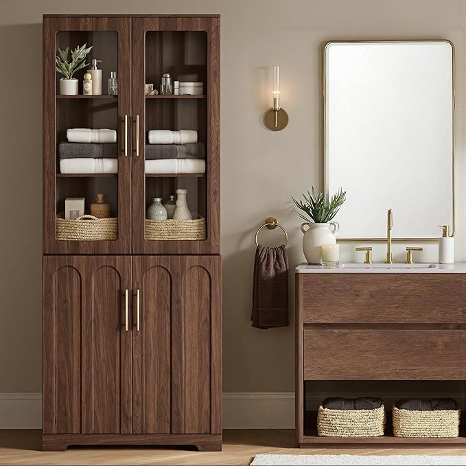 Tall Pantry Cabinet with Glass Doors, 77" Kitchen Storage Cabinets with Arched Door & Adjustable Shelves, Mid Century Modern Wooden Display Wine Cabinet for Living Room, Dining Room, Walnut