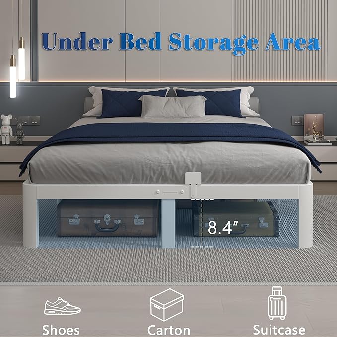 10 Inch White King Size Bed Frame, Metal King Bed Frame with Baffles, No Box Spring Needed, Heavy Duty Steel Platform Support, Rounded Corner Legs, Reserved Holes, Noise Free, Storage Space