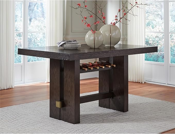 Signature Design by Ashley Burkhaus Contemporary Counter Height Dining Table with Double-Pedestal Base and Wine Rack, Dark Brown