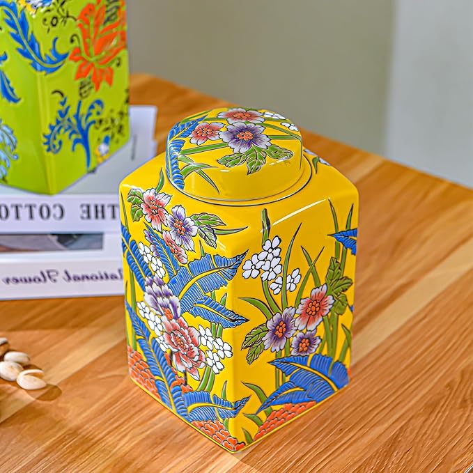 Sungmor Decorative Ceramic Ginger Jar with Lid, Square Ceramic Storage Jar Tea Canister, 8.2" Hand Painted Floral Pattern Porcelain Vase for Table Centerpiece, Yellow Glazed Ginger Jar for Home Decor
