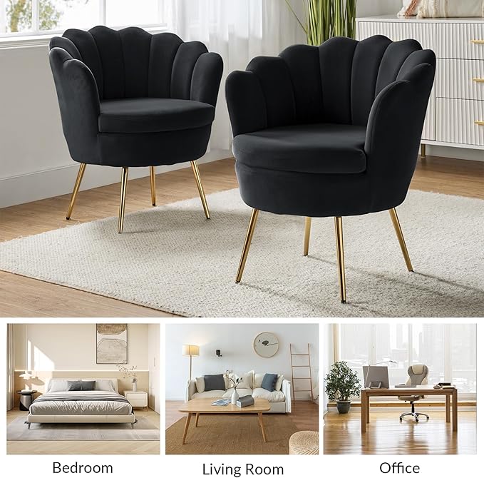 HULALA HOME Modern Velvet Accent Chair with Shell Shaped Back, Cute Living Room Bedroom Armchair with Gold Legs, Comfy Upholstered Vanity Chair for Makeup Room, Black