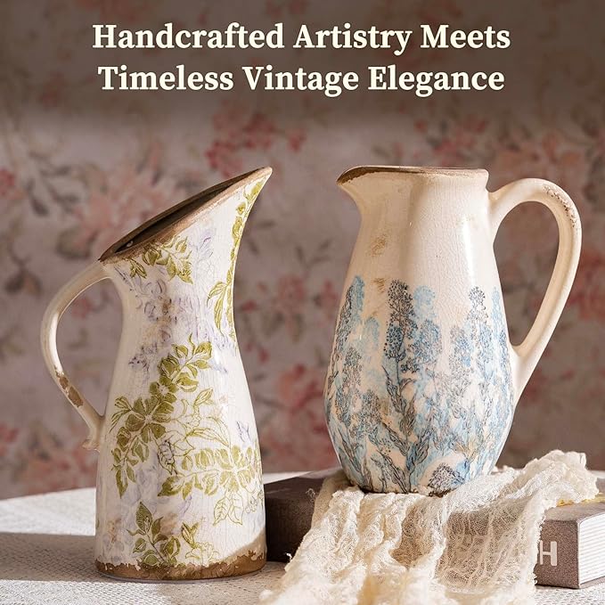 Vintage Blue and Beige Floral Ceramic Vase with Handle, Retro Ice Glazed Crack Farmhouse Pitcher Vase for Home Decor, Living Room, Shelf, Office, French Country Decorative Flower Vase 8.7 Inch