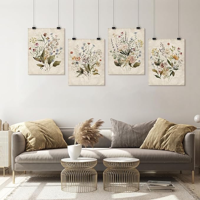 SIGNWIN Adhesive Canvas Poster Set Vintage Wildflower Bouquet Antique Botanical Illustrations Modern Art Decorative Scenic Multicolor Nature Wilderness for Bedroom - 8"x10"x 4