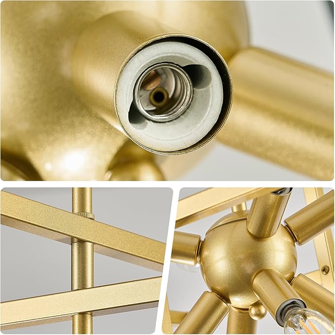 Modern Small Square Gold Chandelier, 8-Light Farmhouse Geometric Pendant Lighting Fixtures, Industrial Lantern Hanging Chandelier for Kitchen Dining Room Foyer Entryway