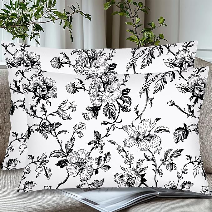 Black and White Porcelain Floral Pillow Cover Queen Size Set of 2 Vintage Flowers Lumbar Pillow Case Standard Pillowcase with Zipper Chinoiserie Decorative Pillows Covers for Bedroom,Couch,20"x30"