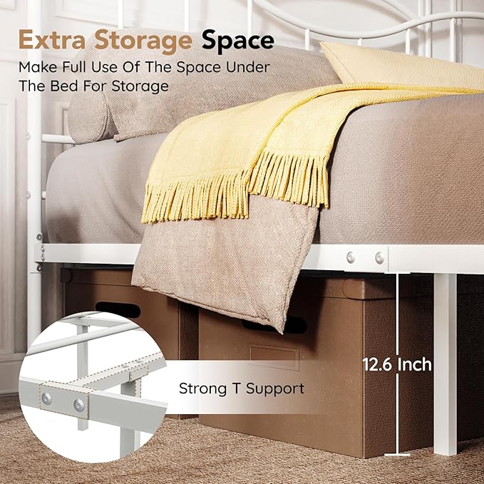 King Size Bed Frame with Headboard,Metal Platform Bed Frame Mattress Foundation with Footboard, Under Bed Storage, Strong Metal Slats Support, No Box Spring Needed, White