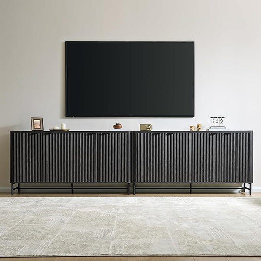 65" Large Sideboard Buffet Cabinet with Storage, Set of 2 Modern Fluted Credenza Accent Coffee Bar Console Tables with Doors & Adjustable Shelves for Living Room or Hallway, Black & Grey