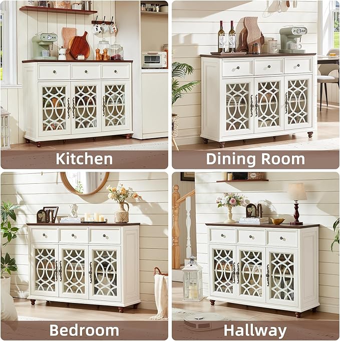 Farmhouse Sideboard Buffet Cabinet Set of 2 with Storage,48" Large Credenza with 3 Glass Doors & 3 Drawers,Adjustable Shelves Console Table,Wood Kitchen Coffee Bar for Dining Room,White