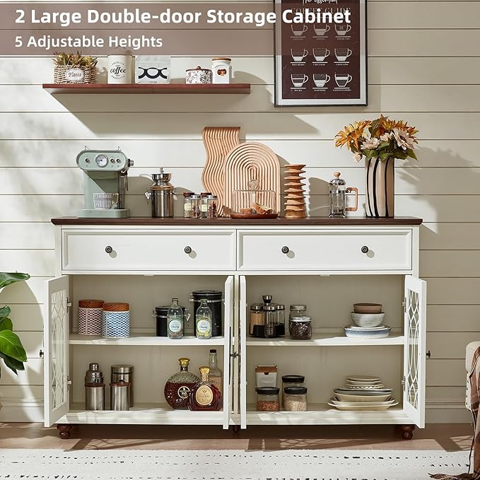 Large Sideboard Buffet Cabinet with Storage,59" Credenza with 4 Glass Doors & 2 Drawers,Adjustable Shelves Coffee Bar,Wood Kitchen Console Table for Dining Room,Living Room,White
