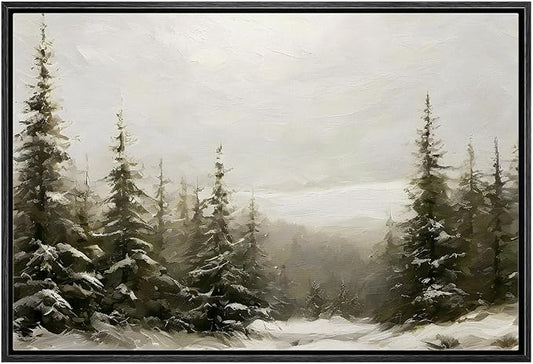 MUDECOR Framed Canvas Print Wall Art Winter Pine Forest Landscape Minimalist Nature Wilderness Antique Retro Fine Art Illustrations Decorative for Bedroom - 16"x24" Black