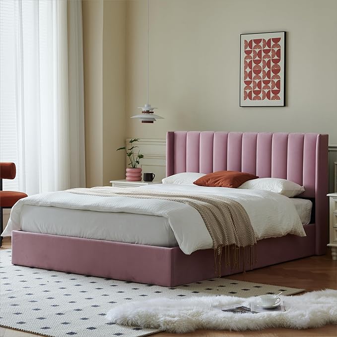 YUHUASHI Queen Size Hydraulic Storage Bed, Upholstered Platform Bed Frame, Modern Wingback Design Headboard, Velvet Fabric with Hydraulic Support Bars, No Box Spring Required (Pink, Queen)