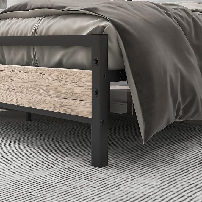 BOFENG Queen Bed Frames with Wood Headboard,Heavy Duty Platform Bed Frame No Box Spring Needed,Farmhouse Bed Steel Slat Mattress Foundation Sturdy Square Pipe Design Home Furniture