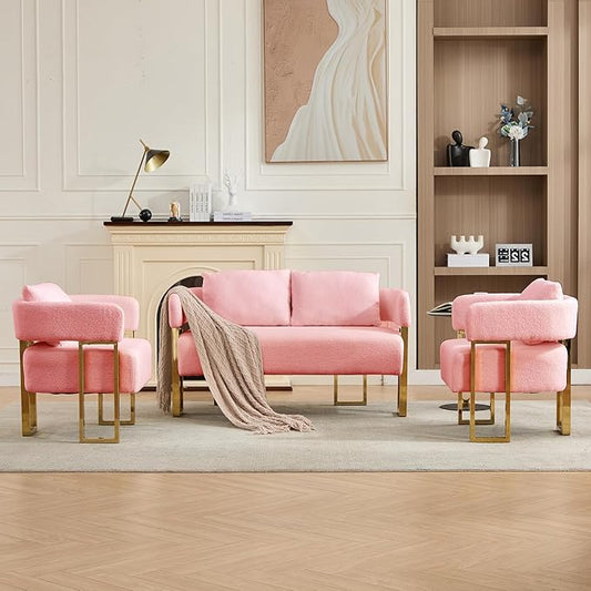 YISHENG Loveseat Sofa and 2 Accent Chairs Comfy Sofa Modern Accent Chairs for Living Room with Golden Legs Teddy Upholstered Reading Armchairs no Wheels for Reception Room//Bedroom/Lounge/Office,Pink