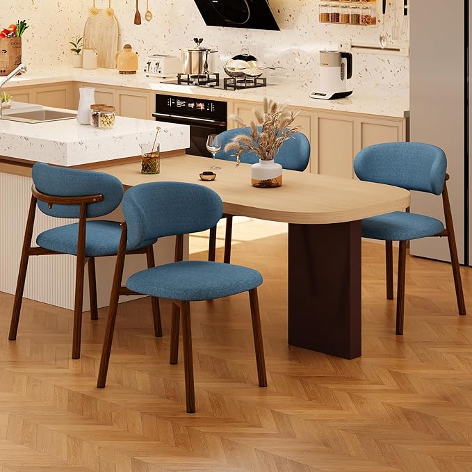 Kitchen Dining Chairs Set of 4 Modern Soft Linen Farmhouse Dining Room Chair with Metal Legs, Blue/Walnut