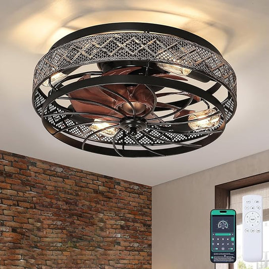 SHIHOT 18" Low Profile Caged Ceiling Fans with Lights and Remote, Flush Mount Ceiling Fan with Light, Bedroom Fan, Small Industrial Black Ceiling Light Fixture, Reversible(Bulbs Not Included)
