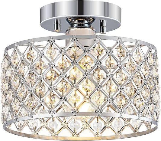 Chrome Crystal Ceiling Light Fixture,Modern Semi Flush Mount Ceiling Lighting Fixture,Round Small Chandelier for Hallway, Entryway, Laundry Room, Kitchen, Bedroom, Foyer, Bathroom, 1 Light, 9 inch