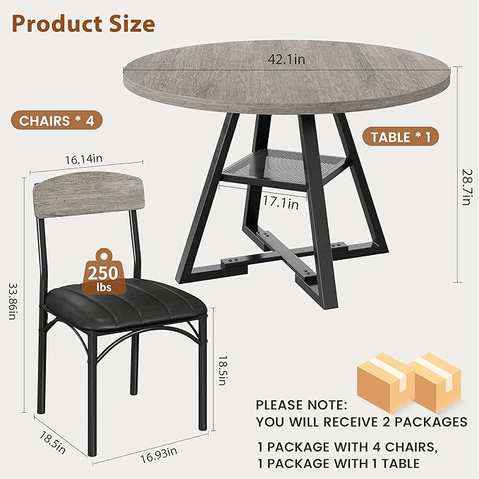 Round Dining Table Set for 4, Kitchen Table and Chairs for 4, Circle Table Round Pedestal Dining Room Dinner Dinette Table Set,5 Piece Space Saving Wood Kitchen & Dining Room Tables (Grey, 47In)