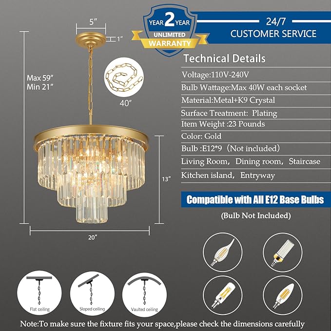 Crystal Chandeliers for Dining Room Lights Fixtures, 9 Lights Gold Modern Chandeliers for Bedroom, 3-Tier Round Crystal Lighting Fixtures for Living Room Entryway Kitchen Island D20 Inch