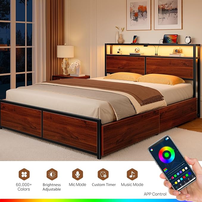 Rolanstar Full Size Bed Frame with 4 Storage Drawers, Charging Station and LED Lights, Metal Platform Bed with 2-Tier Storage Headboard, No Box Spring Needed, Easy Assembly, Noise-Free, Walnut