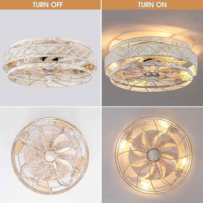 18 Inch Low Profile Caged Ceiling Fans with Lights Remote Control, White Flush Mount Ceiling Fan, Small Bladeless Ceiling Fan Light Fixture For Bedroom, Kitchen, Reversible(Bulbs not Included)