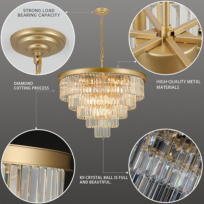 Crystal Chandeliers for Dining Room Lights Fixture Over Table, 20 Lights Gold Modern Chandeliers for Living Room, 5-Tier Round Crystal Lighting Fixtures for Bedroom Entryway Kitchen Island D30 Inch