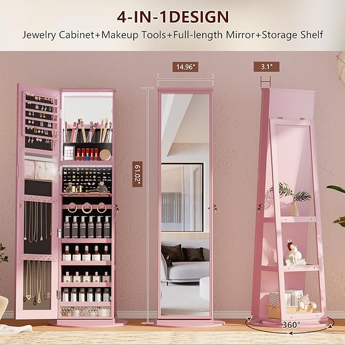 LVSOMT LED Mirror Jewelry Cabinet Standing, 360° Swivel Jewelry Organizers and Storage, Farmhouse Mirror with Jewelry Storage, Lighted Jewelry Armoire with Full Length Mirror (Pink)