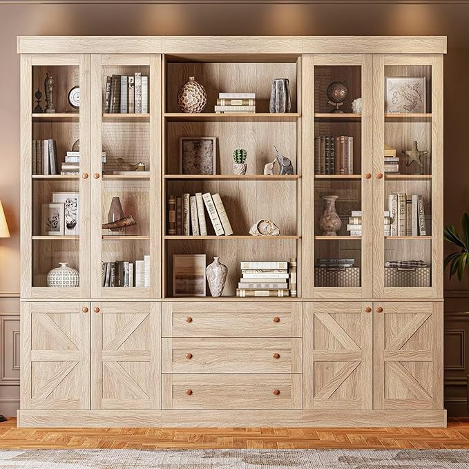 Vyre 71" Tall Farmhouse Bookshelves with Glass Doors and Drawers, Set of 3 – Large Modular Bookcase with Adjustable Shelves, Storage Cabinet for Living Room, Kitchen, Brown