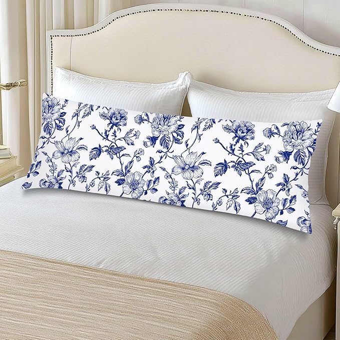 Blue and White Porcelain Floral Body Pillow Cover Vintage Flowers Long Pillow Case with Zipper,Florals Lumbar Pillows Cases,Chinoiserie Decorative Soft Bed Cushion Covers for Bedroom,Sofa,"20x54"