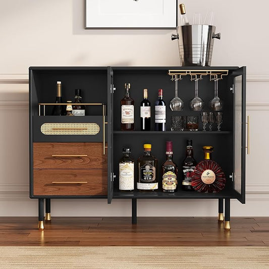ARTPOWER 48" Coffee Bar Cabinet with Wine Racks and Drawers, Modern Buffet Sideboard with Pull-Out Wine Storage, Liquor Bar Cart for Kitchen, Dining Room, Living Room (Black)