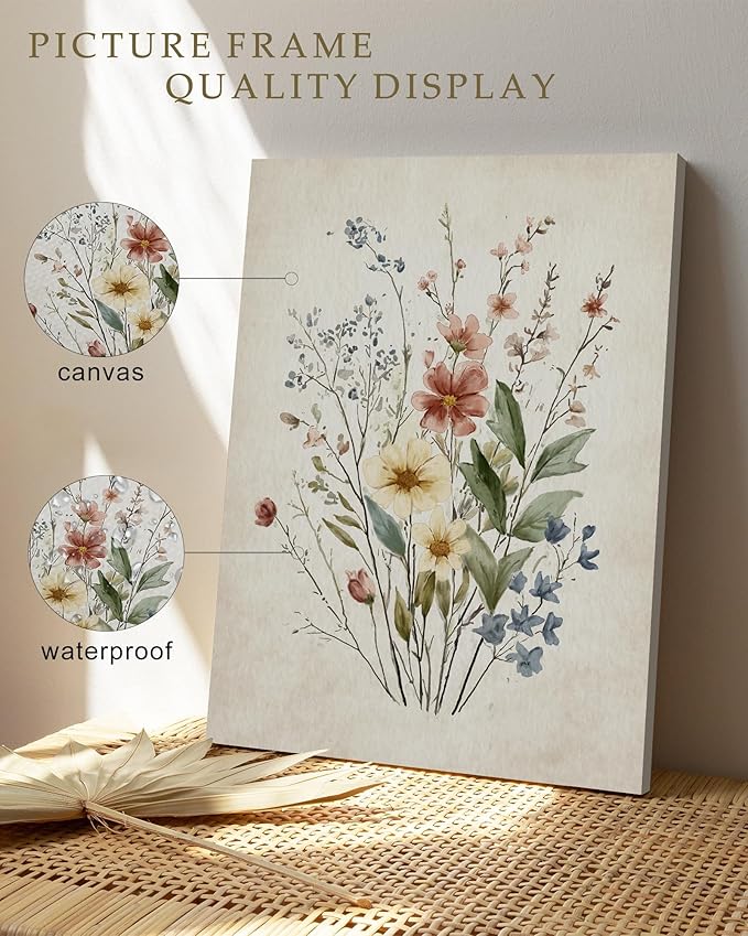 KUVIOKE Vintage Wildflower Bouquet Antique Framed Wall Art Retro Flower Botanical Pictures Illustrations Colorful Floral Bathroom Decor Ready to Hang 8x10inx4pcs (Framed)