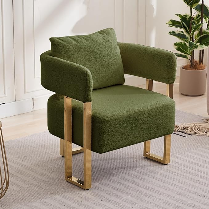 YISHENG Modern Barrel Accent Chairs Set of 2, Living Room Side Chairs with Golden Metal Legs Soft Teddy Upholstered Reading Armchairs no Wheels for Vanity/Reception Room//Bedroom/Lounge/Office, Green