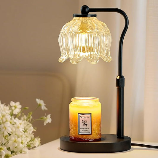 CASTLELIFE Candle Warmer Lamp with Timer & Stepless Dimming, Height Adjustable Electric Wax Warmer for Jar Candles, Flower Wax Melter with Wood Base, Gifts for Women Home Decor, Black Wood