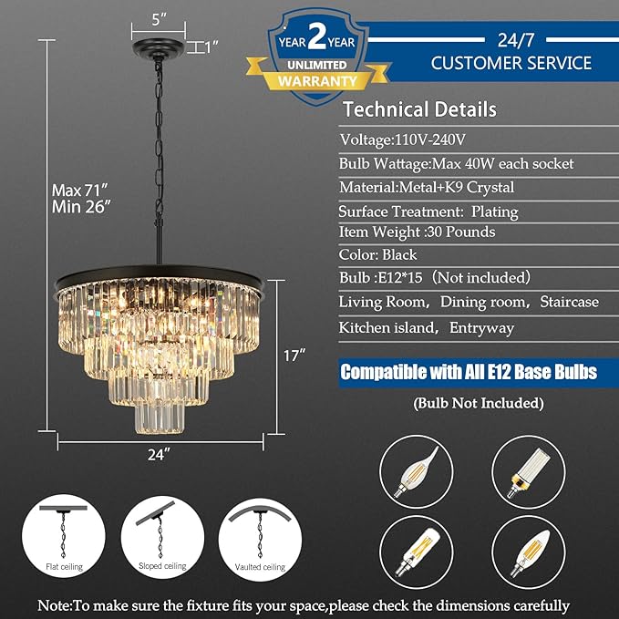 Crystal Chandeliers for Dining Room Lights Fixture Over Table, 15 Lights Black Modern Chandeliers for Living Room, 4-Tier Round Crystal Lighting Fixtures for Bedroom Entryway Kitchen Island D24 Inch