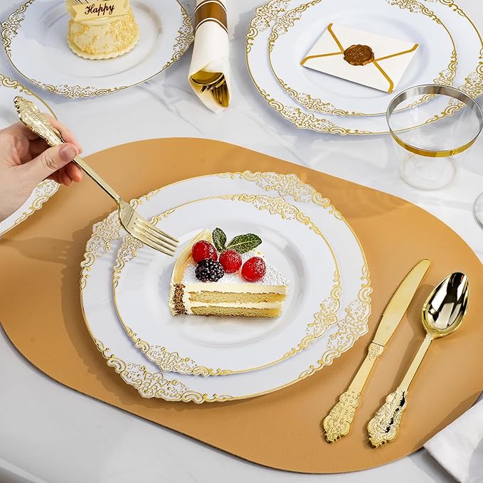 175PCS Gold Plastic Plates for 25 Guests, Disposable Dinnerware Sets Include 50 Gold Rim Plastic Plates, 25 Silverwares, 25 Cups, and 25 Pre Rolled Napkins for Party, Wedding and Graduation