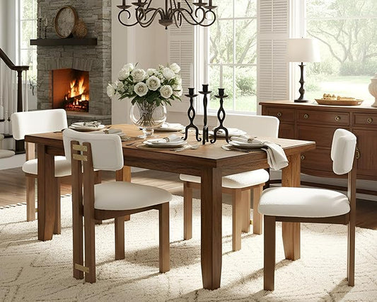 HNY Modern Farmhouse Boucle Dining Chairs Set of 4, White Sherpa Fabric Upholstered Dining Room Kitchen Chairs with Natural Wood Frame & Curved-Back, Armless Accent Wood Chairs for Dining Living Room