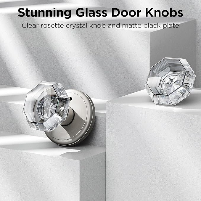 1 Pack Crystal Door Knob, Octagon Shaped Glass Door Knobs Interior with Lock, Satin Nickel Door Knobs Interior Glass
