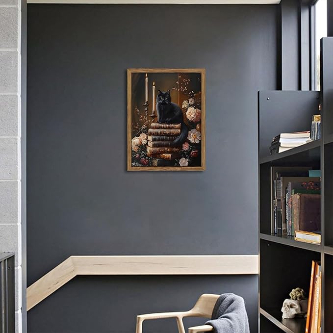 Vintage Dark Academia Framed Wall Art, Victorian Black Cat Floral Canvas Prints, Antique Book Wildflower Gothic Wall Decor for Living Room Gallery Library – Dark Wooden Frame 16x24in