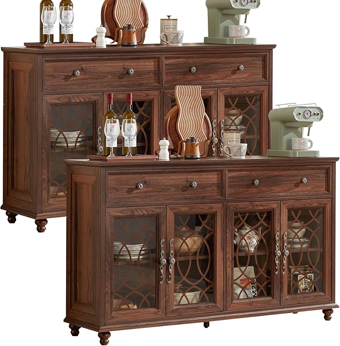 Large Sideboard Buffet Cabinet Set of 2 with Storage,59" Credenza with 4 Glass Doors & 2 Drawers,Adjustable Shelves Coffee Bar,Wood Kitchen Console Table for Dining Room,Brown