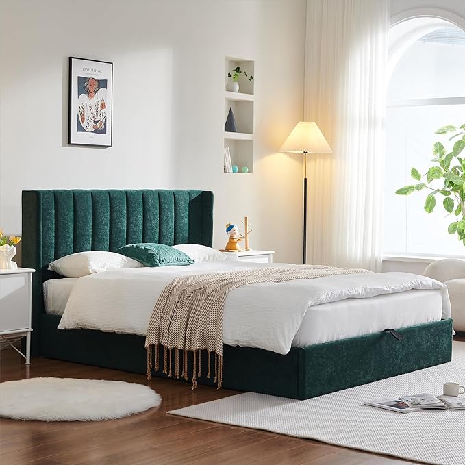 YUHUASHI Queen Size Hydraulic Storage Bed, Upholstered Platform Bed Frame, Modern Wingback Design Headboard, Velvet Fabric with Hydraulic Support Bars, No Box Spring Required (Ink Green, Full)