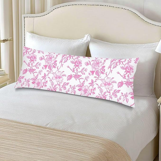 Pink and White Porcelain Floral Body Pillow Cover Vintage Flowers Long Pillow Case with Zipper,Florals Lumbar Pillows Cases,Chinoiserie Decorative Soft Bed Cushion Covers for Bedroom,Sofa,"20x54"