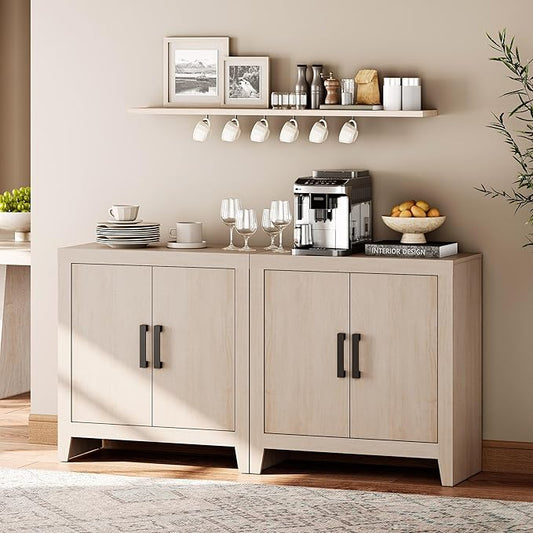 WAMPAT Buffet Cabinet with Storage, 62" Large Sideboard, Kitchen Cabinet with Door and Adjustable Shelf, Modern Farmhouse Wood Console Table for Kitchen, Dining Room, Living Room, Beige