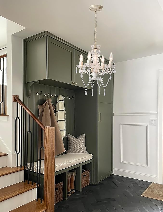 LaLuLa White and Gold Chandelier French Country Chandelier Lighting Mini Acrylic Crystal Chandelier 4 Light Modern Chandelier Lighting for Bedroom