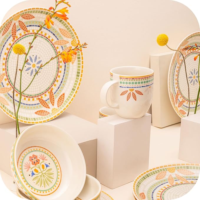 Corona Dinnerware Set 16–piece Mosaic Tropical Flower Pattern Ceramic Dinnerware Sets | Plates, Bowls and Mugs | Service For 4 | Fiore