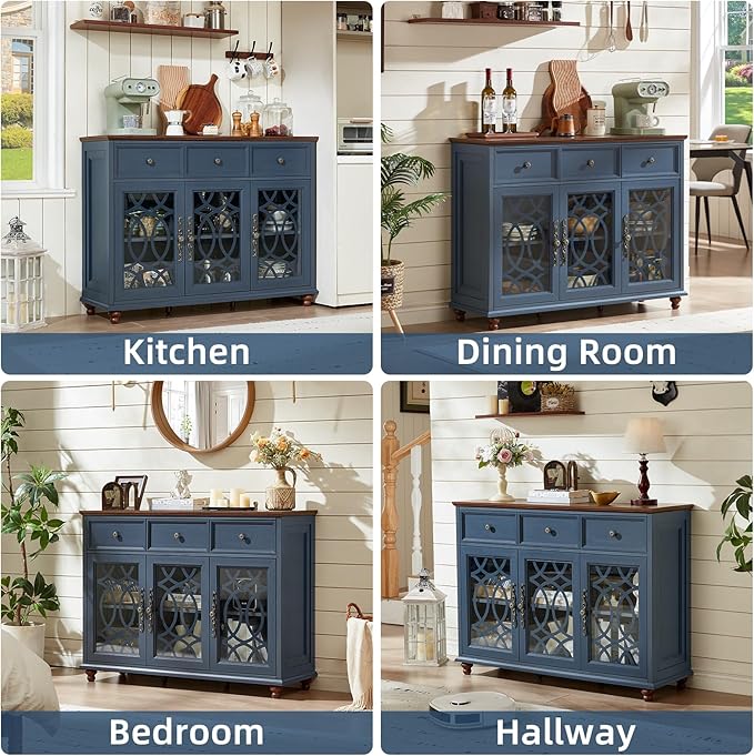 Farmhouse Sideboard Buffet Cabinet with Storage,48" Large Credenza with 3 Glass Doors & 3 Drawers,Adjustable Shelves Console Table,Wood Kitchen Coffee Bar for Dining Room,Living Room,Navy Blue