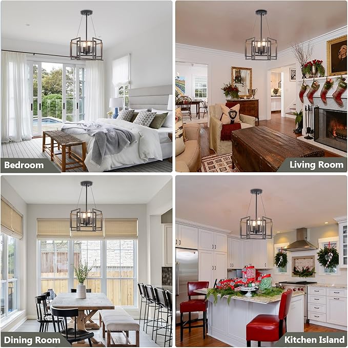 Small Farmhouse Chandelier,4-E12 Base Light Fixture,Imitation Wood Grain Chandeliers for Dining Room,Pendant Light Fixtures for Kitchen/Foyer/Living Room/Entryway/Hallway/Bedroom