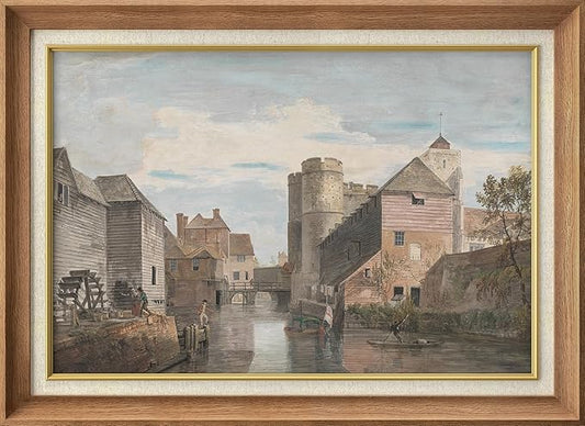 SIGNFORD Premium Framed Wall Art Historic Townscape with Watermill Nature Wilderness Illustrations Fine Art Farmhouse/Country Decorative Rustic Vintage Antique Classic for Bedroom - 26"x36" Natural