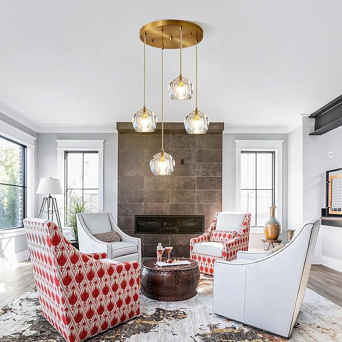 Gold Crystal Pendant Light Mid Century Modern 4-Lights Cluster Pendant Lighting Anti Brass Adjustable Hanging Ceiling Light Vintage Round Kitchen Island Chandelier Light Fixture