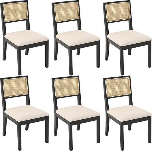 Westice Rattan Dining Chairs Set of 6, Farmhouse Natural Dining Room Chairs with Upholstered Cushion, Wood Armless Chairs for Kitchen/Restaurant, Black